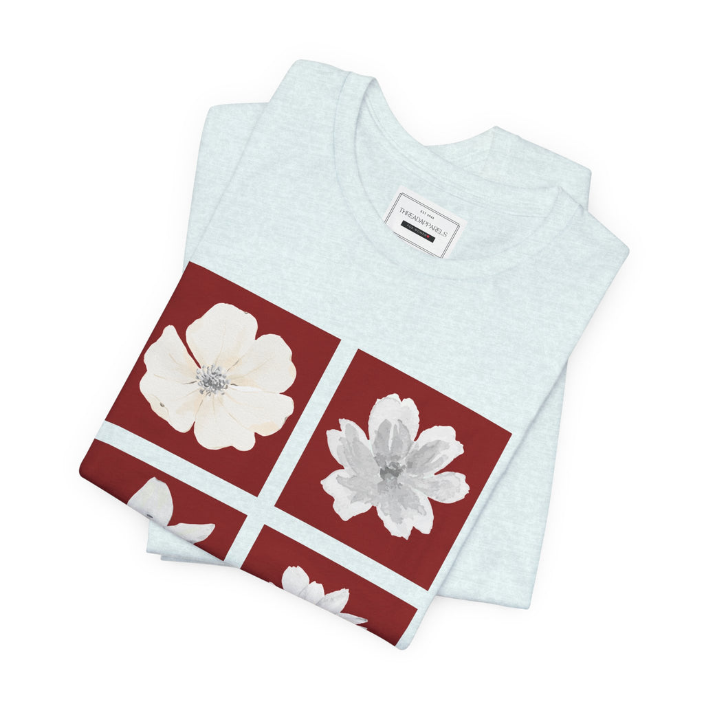 White Flowers Graphic Tee — Floral Square Print T-Shirt