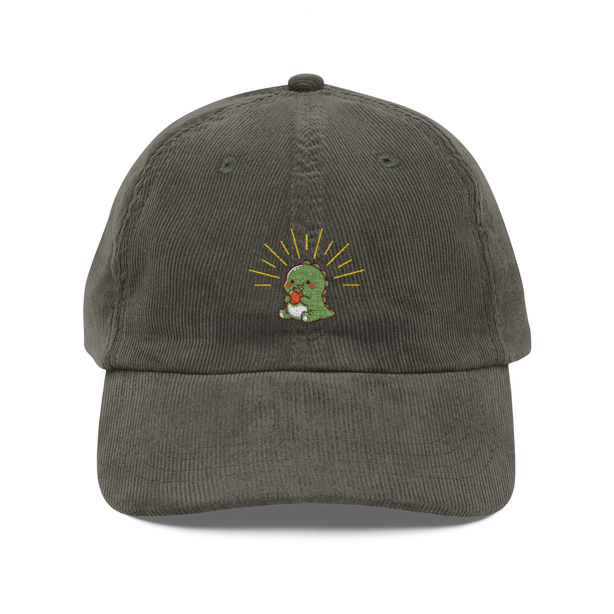 Vintage Corduroy Baseball Cap — Embroidered Green Cactus with Sunburst