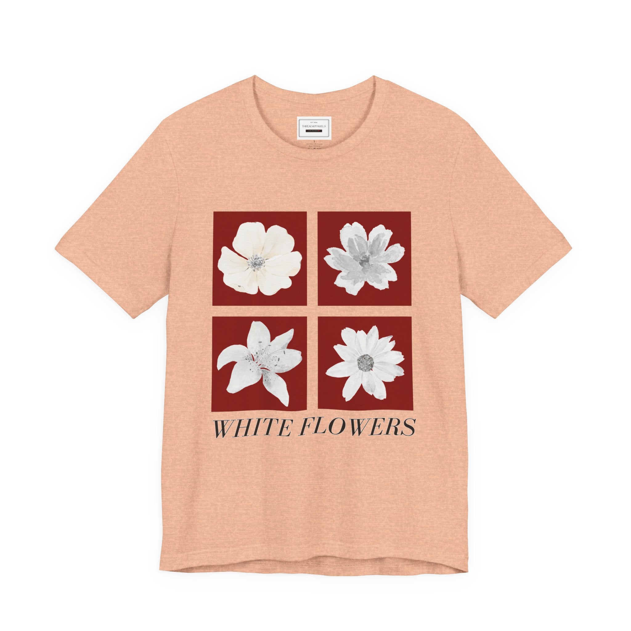 White Flowers Graphic Tee — Floral Square Print T-Shirt