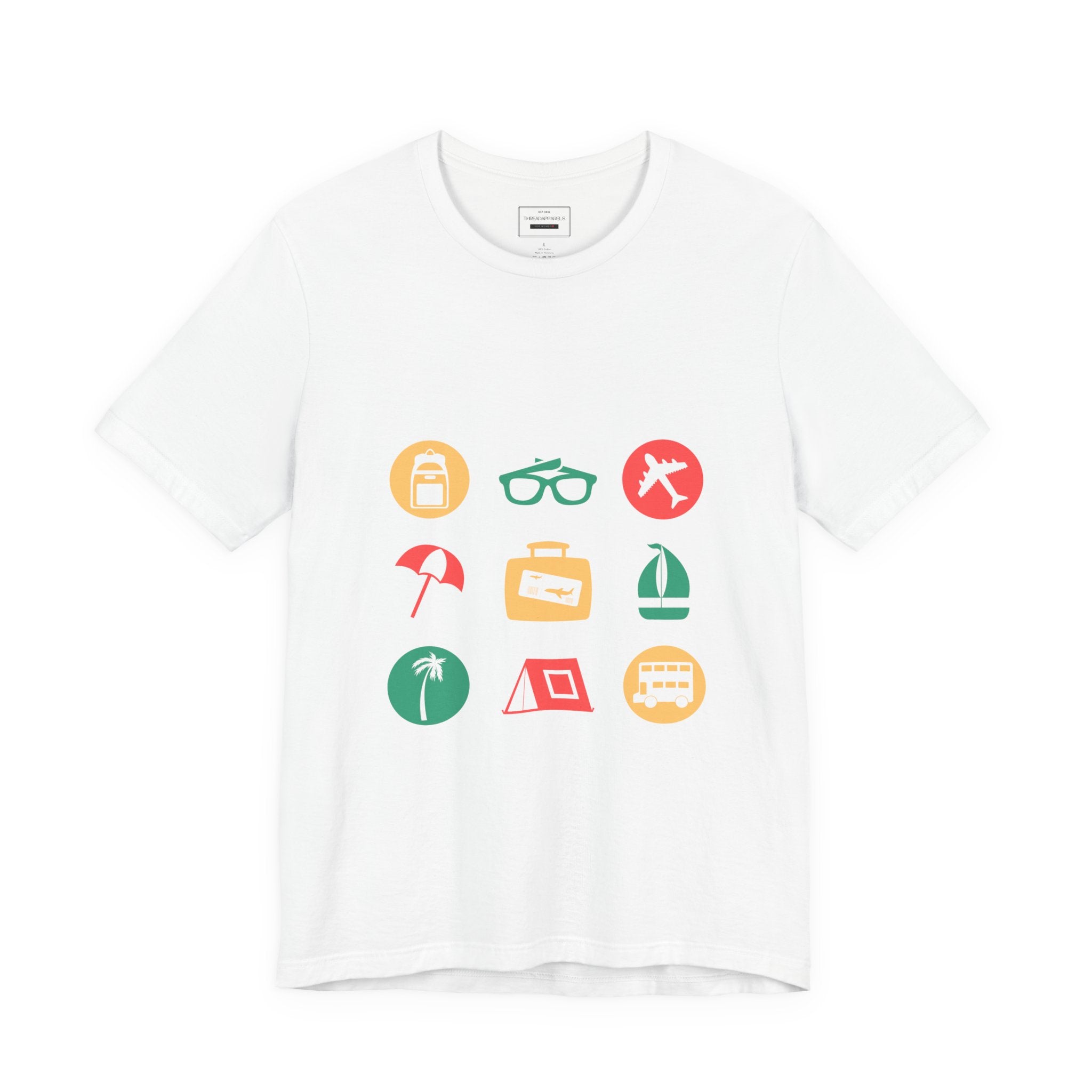 Vacation Icons T‑Shirt — Summer Travel Tee with Sunglasses, Beach & Camp Graphics