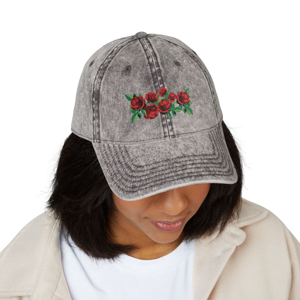 Vintage Embroidered Rose Cap — Washed Grey Floral Baseball Hat