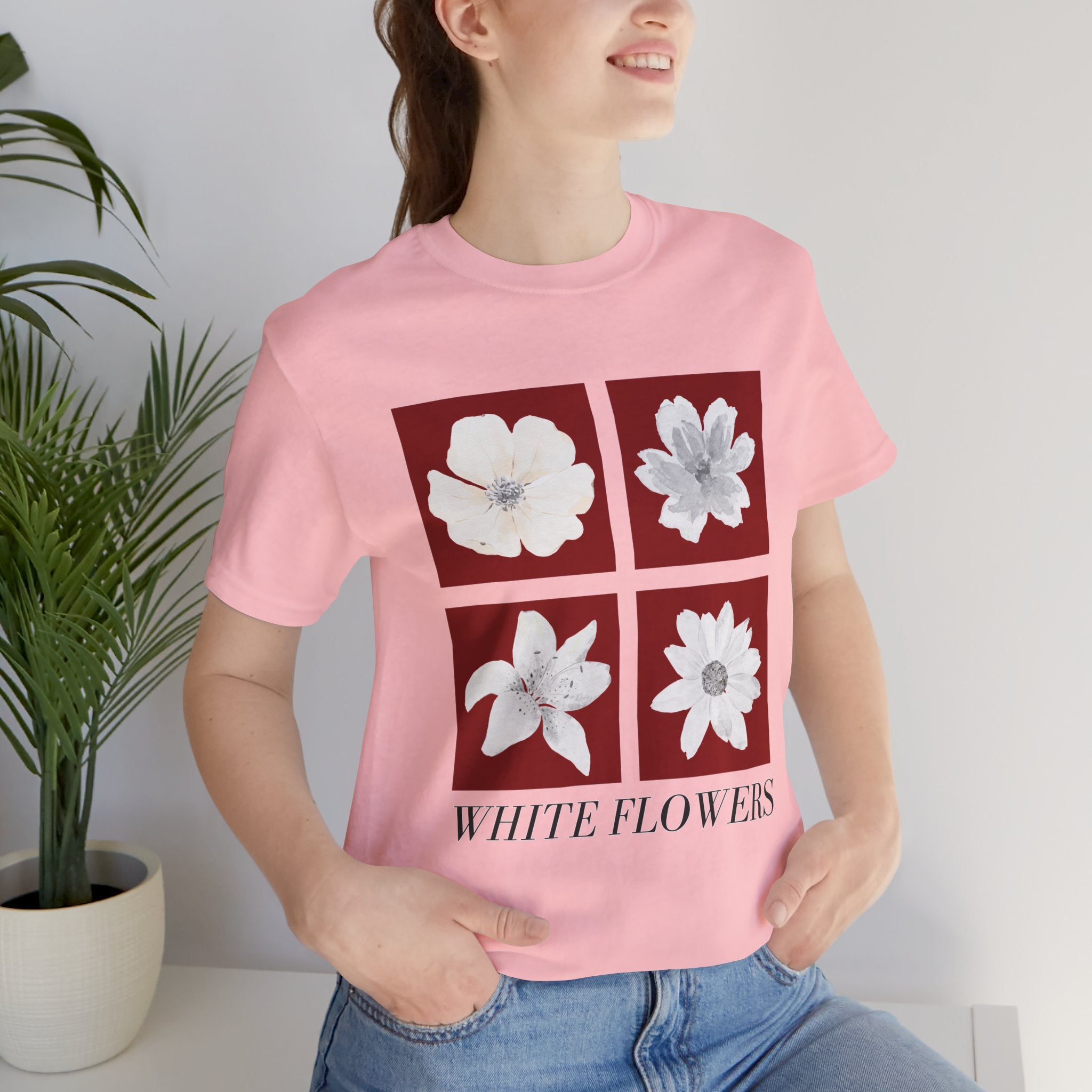 White Flowers Graphic Tee — Floral Square Print T-Shirt