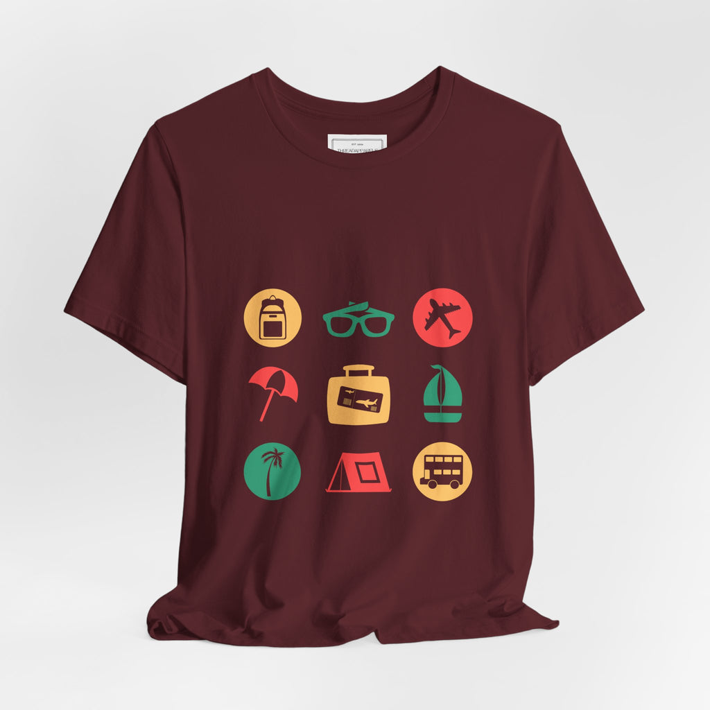 Vacation Icons T‑Shirt — Summer Travel Tee with Sunglasses, Beach & Camp Graphics