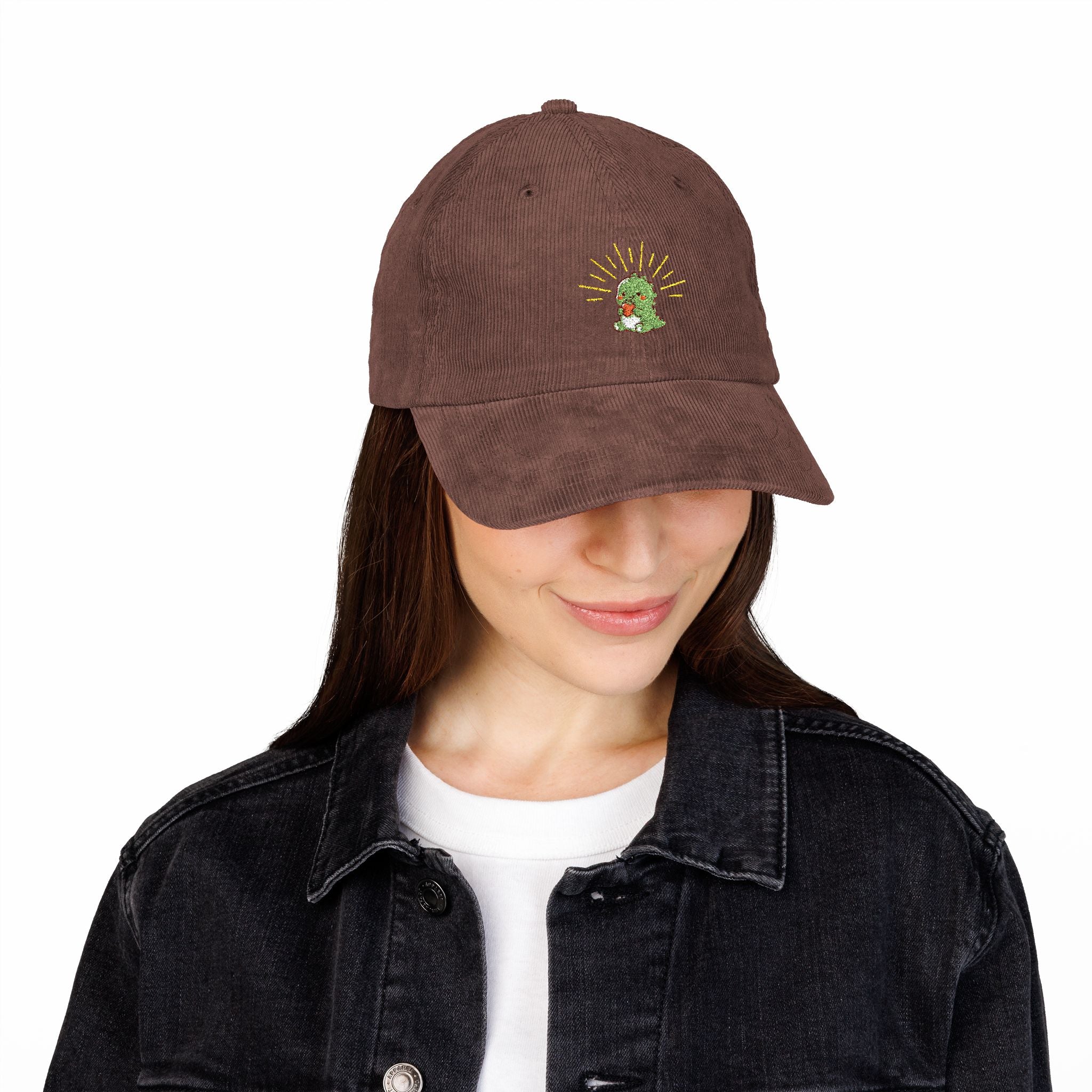 Vintage Corduroy Baseball Cap — Embroidered Green Cactus with Sunburst