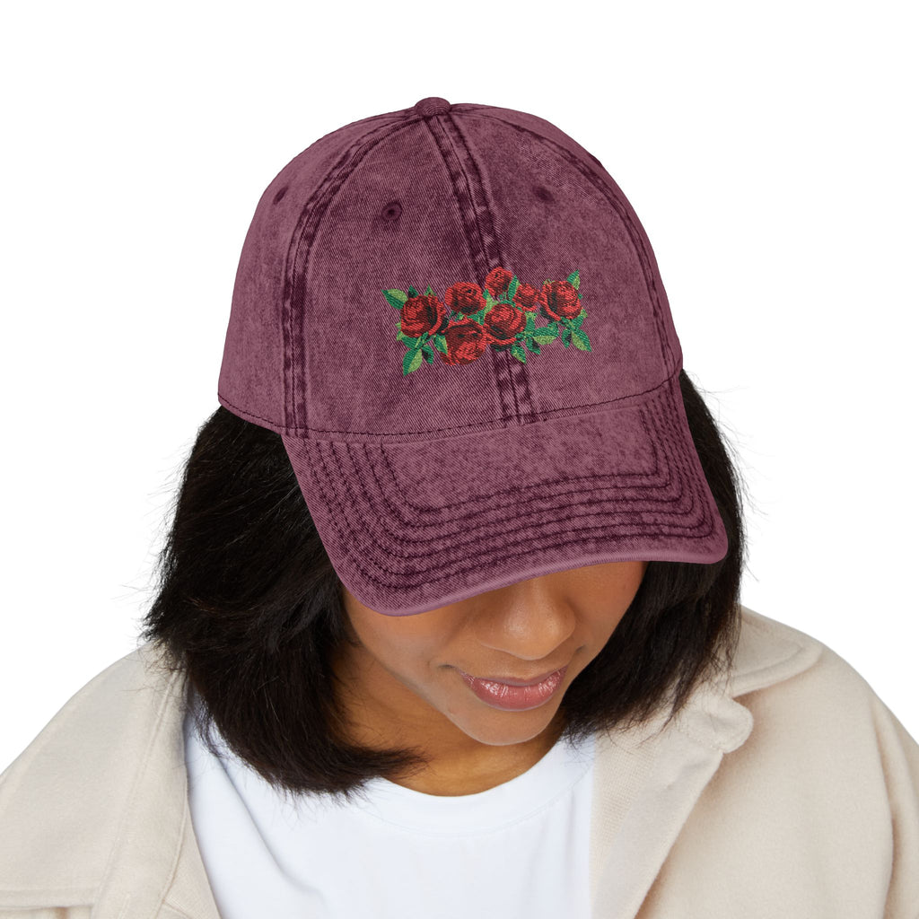 Vintage Embroidered Rose Cap — Washed Grey Floral Baseball Hat