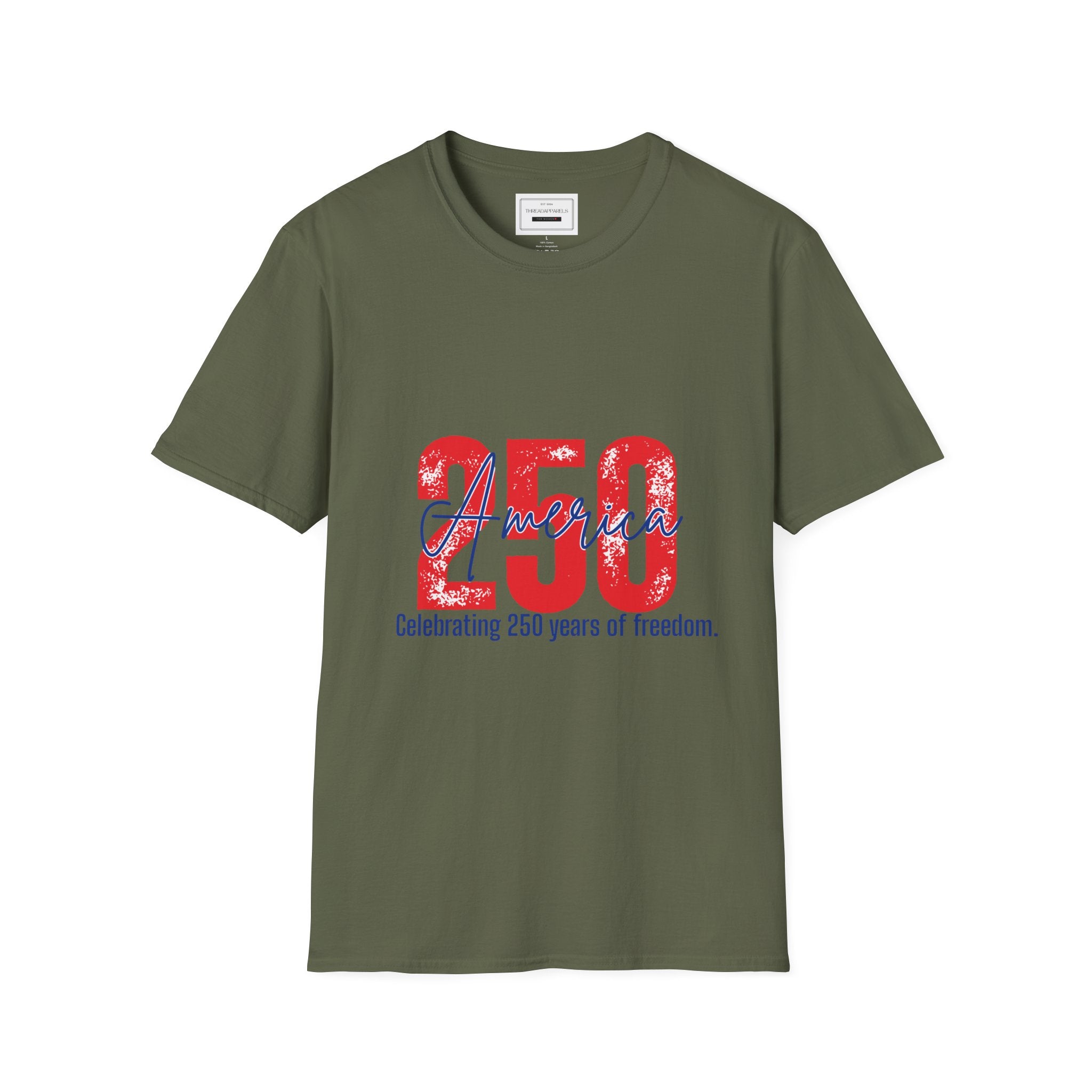 250 Years Freedom Celebration T-Shirt — "Celebrating 250 years of freedom." Patriotic Anniversary Tee