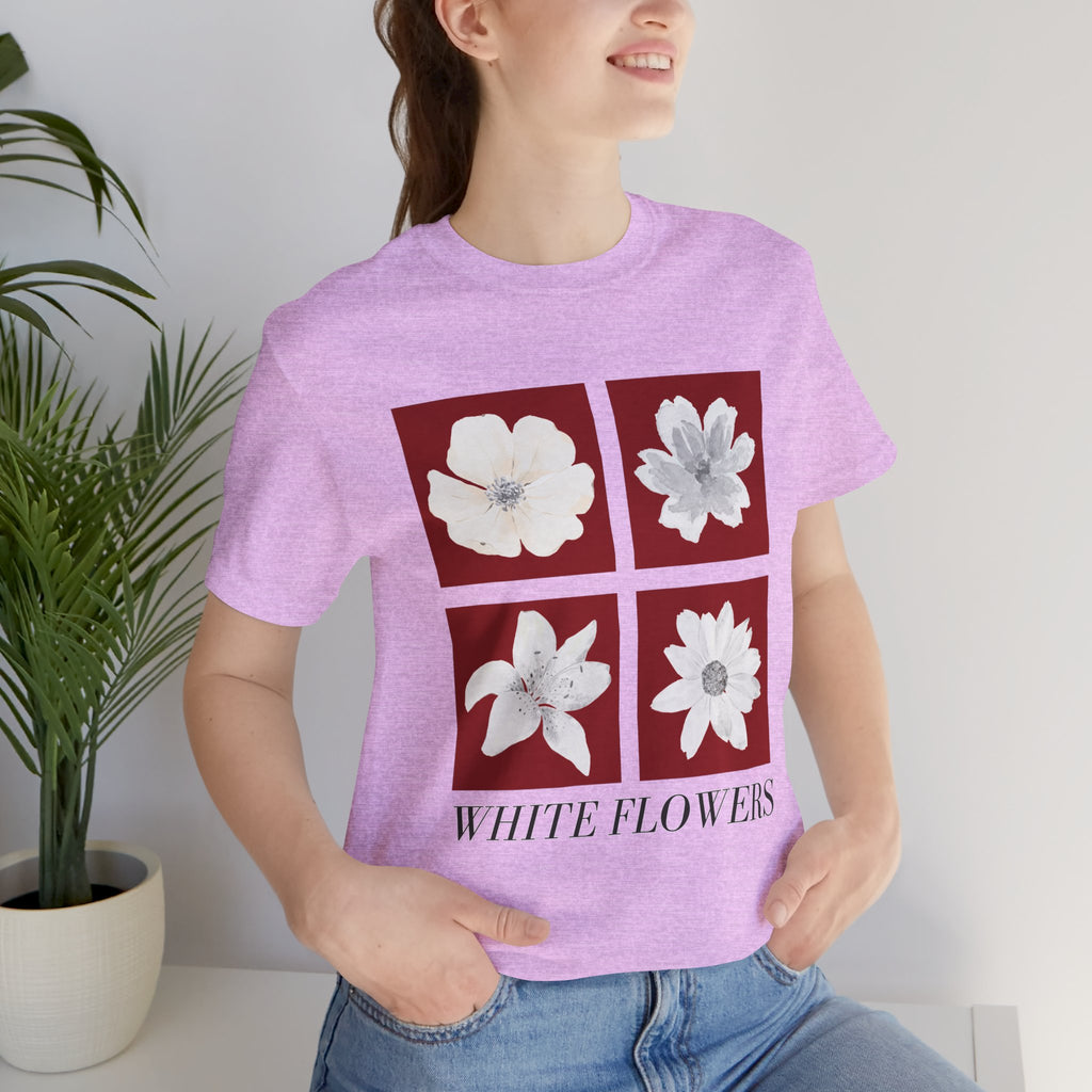 White Flowers Graphic Tee — Floral Square Print T-Shirt