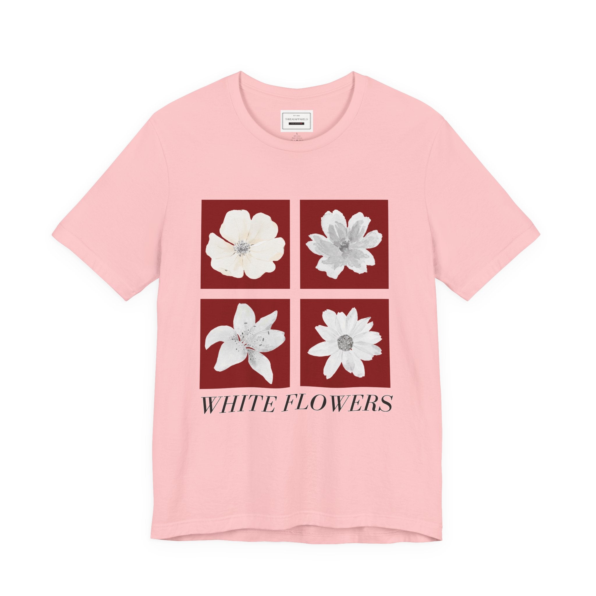 White Flowers Graphic Tee — Floral Square Print T-Shirt