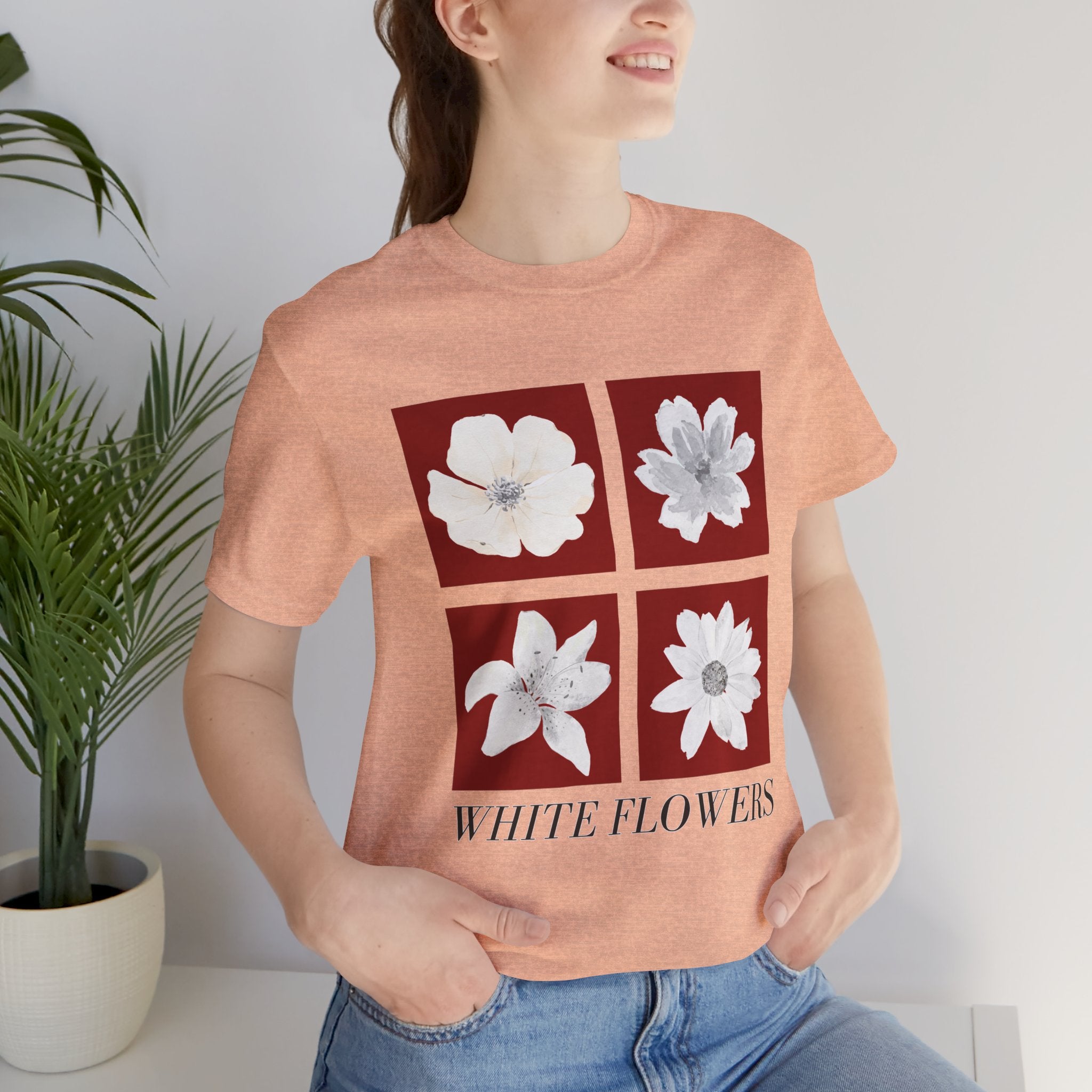 White Flowers Graphic Tee — Floral Square Print T-Shirt