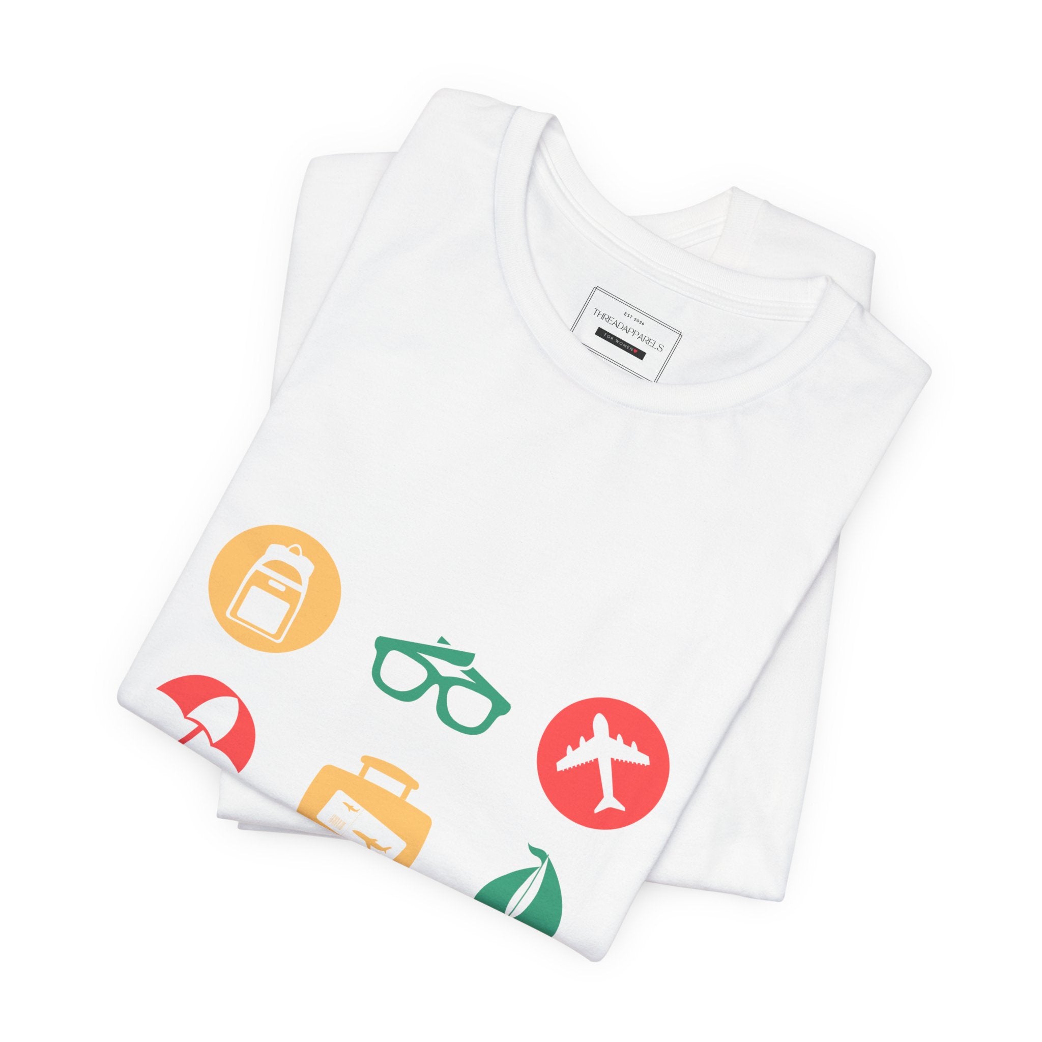 Vacation Icons T‑Shirt — Summer Travel Tee with Sunglasses, Beach & Camp Graphics