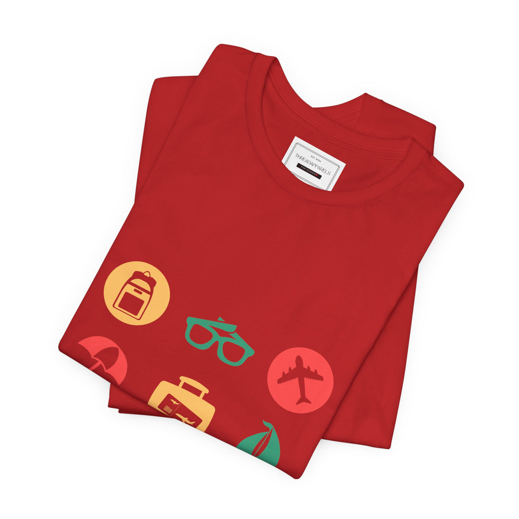 Vacation Icons T‑Shirt — Summer Travel Tee with Sunglasses, Beach & Camp Graphics
