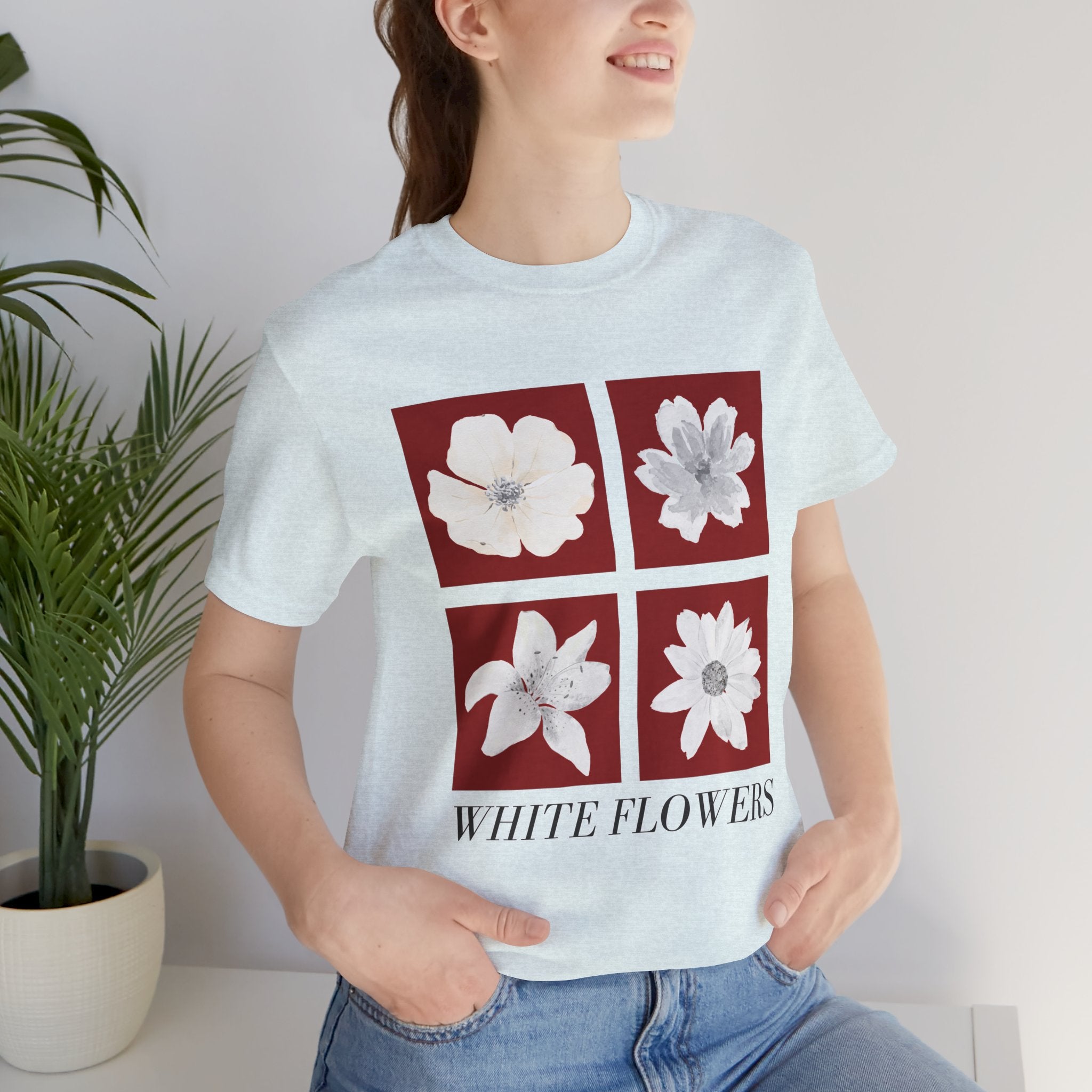 White Flowers Graphic Tee — Floral Square Print T-Shirt