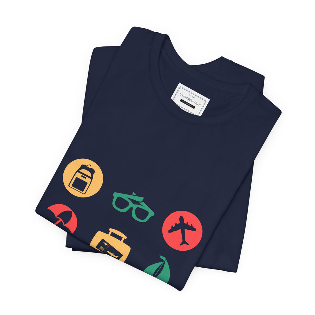 Vacation Icons T‑Shirt — Summer Travel Tee with Sunglasses, Beach & Camp Graphics