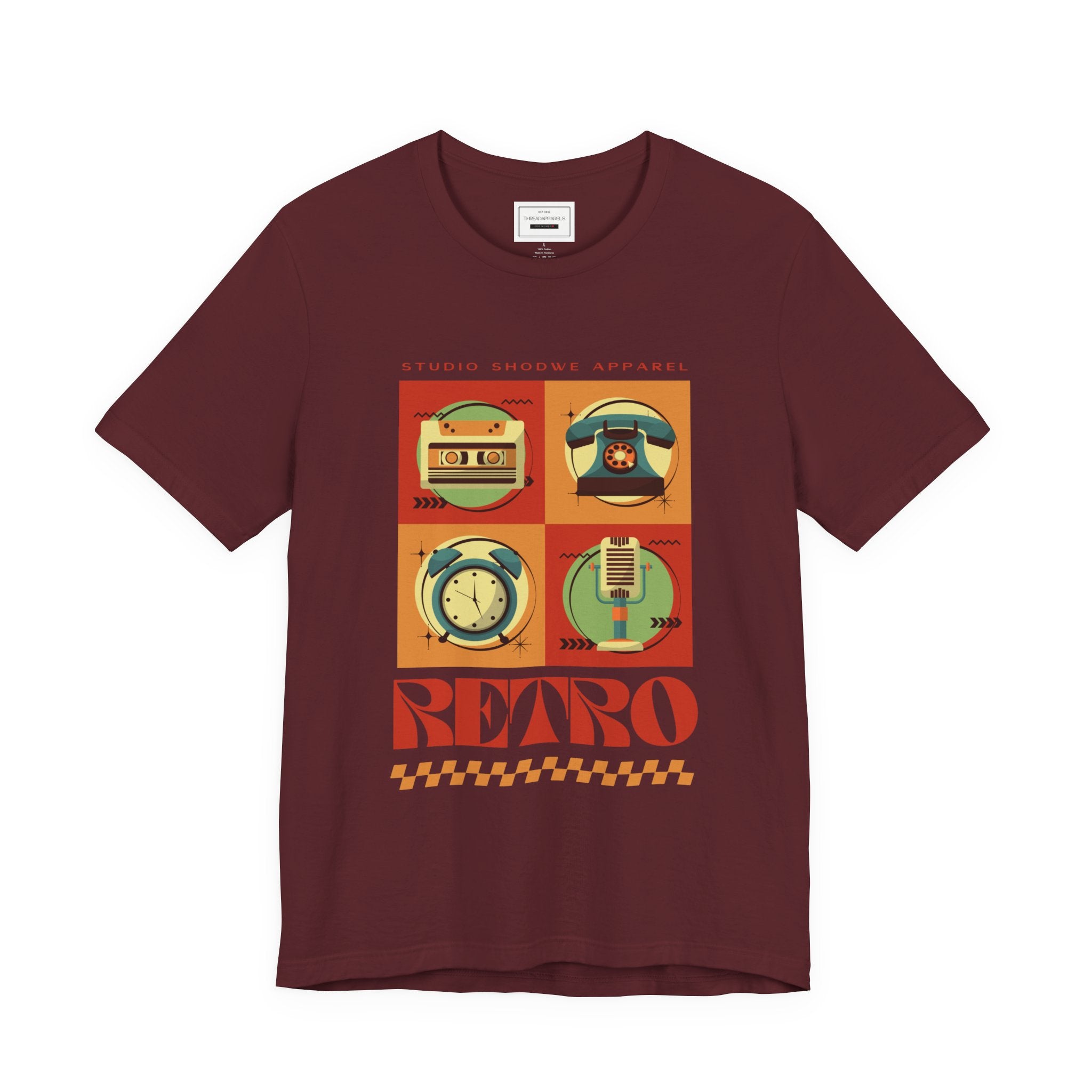 Retro Icons T-Shirt — Vintage Radio, Cassette & Alarm Clock Graphic Tee