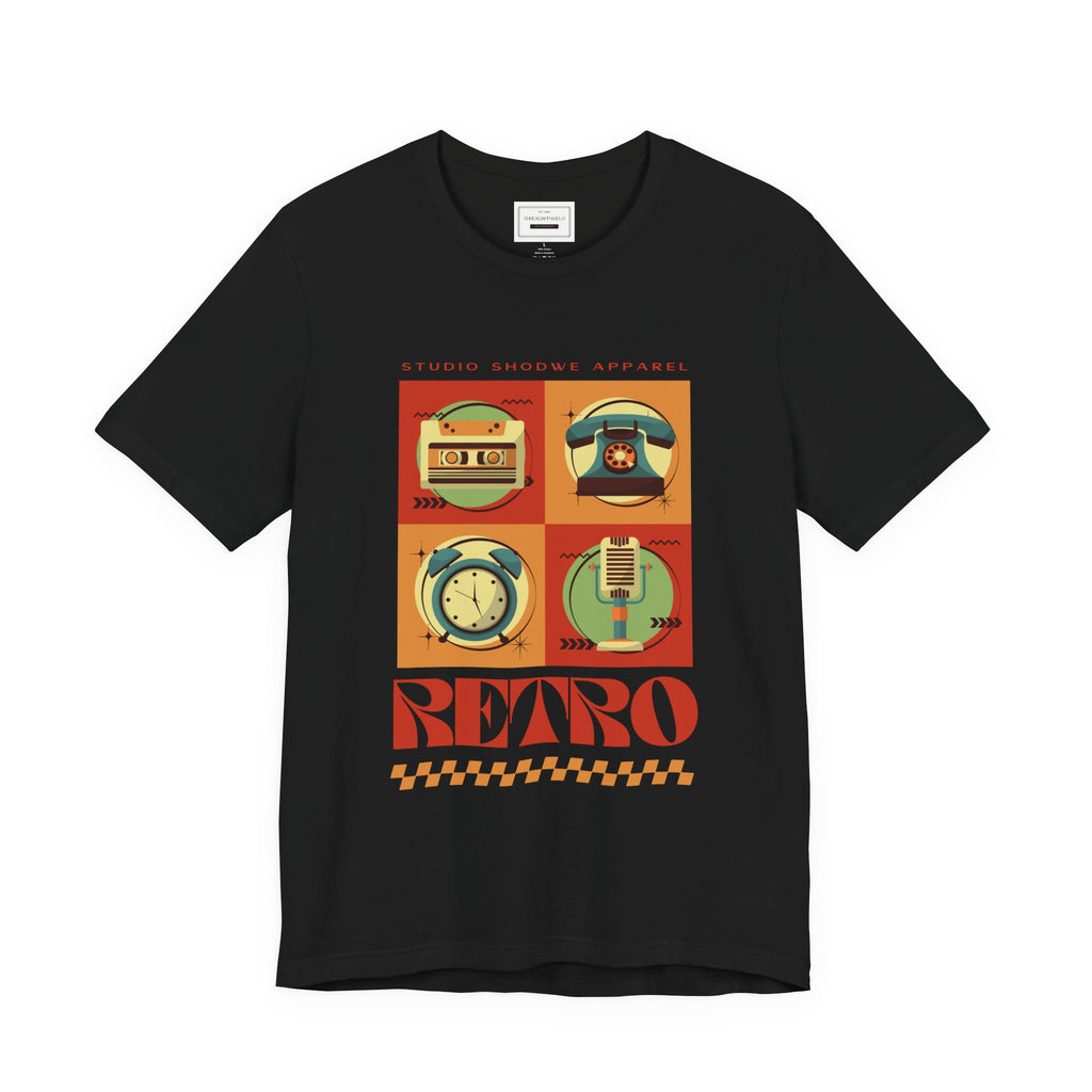 Retro Icons T-Shirt — Vintage Radio, Cassette & Alarm Clock Graphic Tee