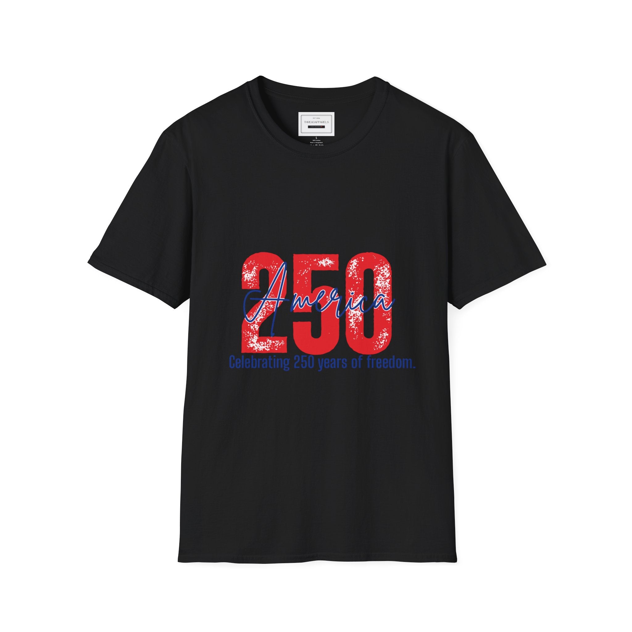 250 Years Freedom Celebration T-Shirt — "Celebrating 250 years of freedom." Patriotic Anniversary Tee