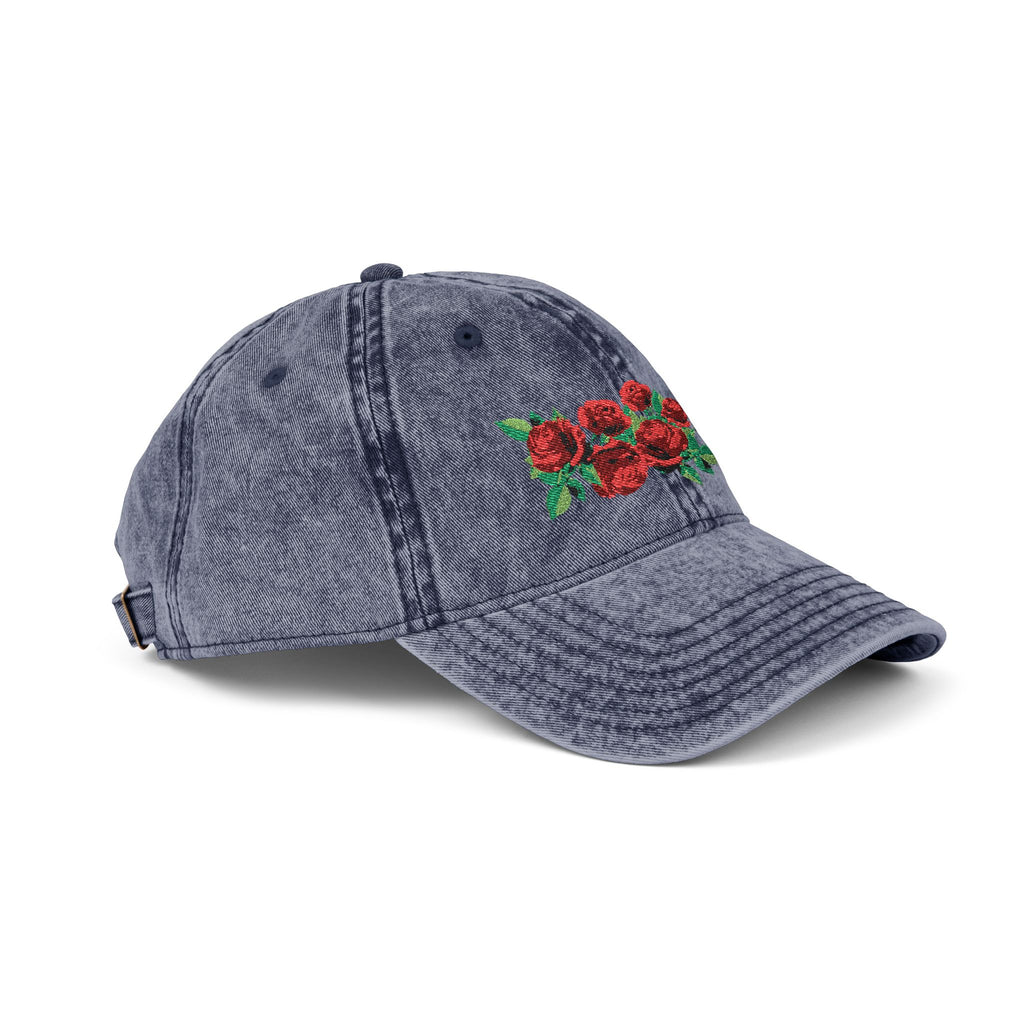 Vintage Embroidered Rose Cap — Washed Grey Floral Baseball Hat