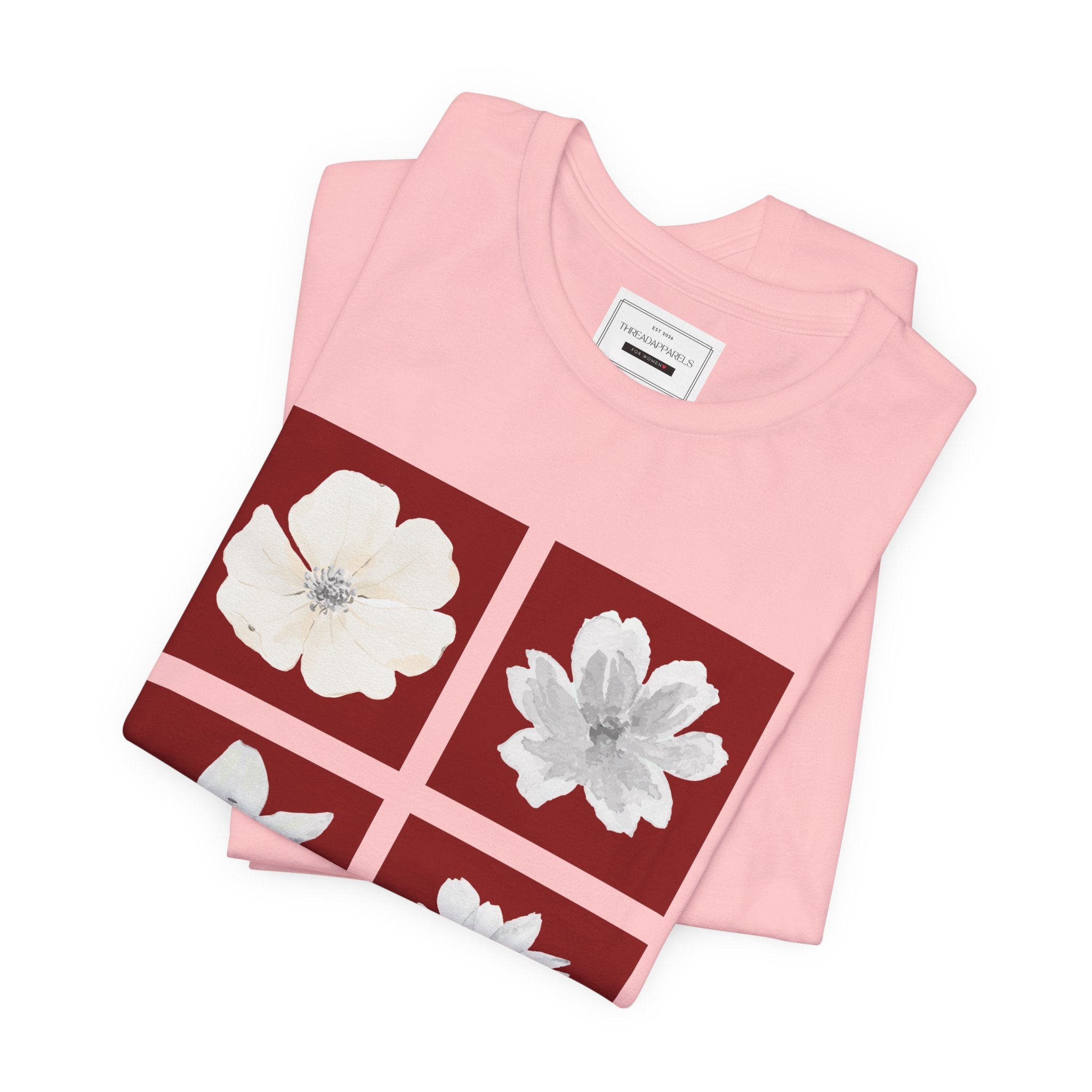 White Flowers Graphic Tee — Floral Square Print T-Shirt