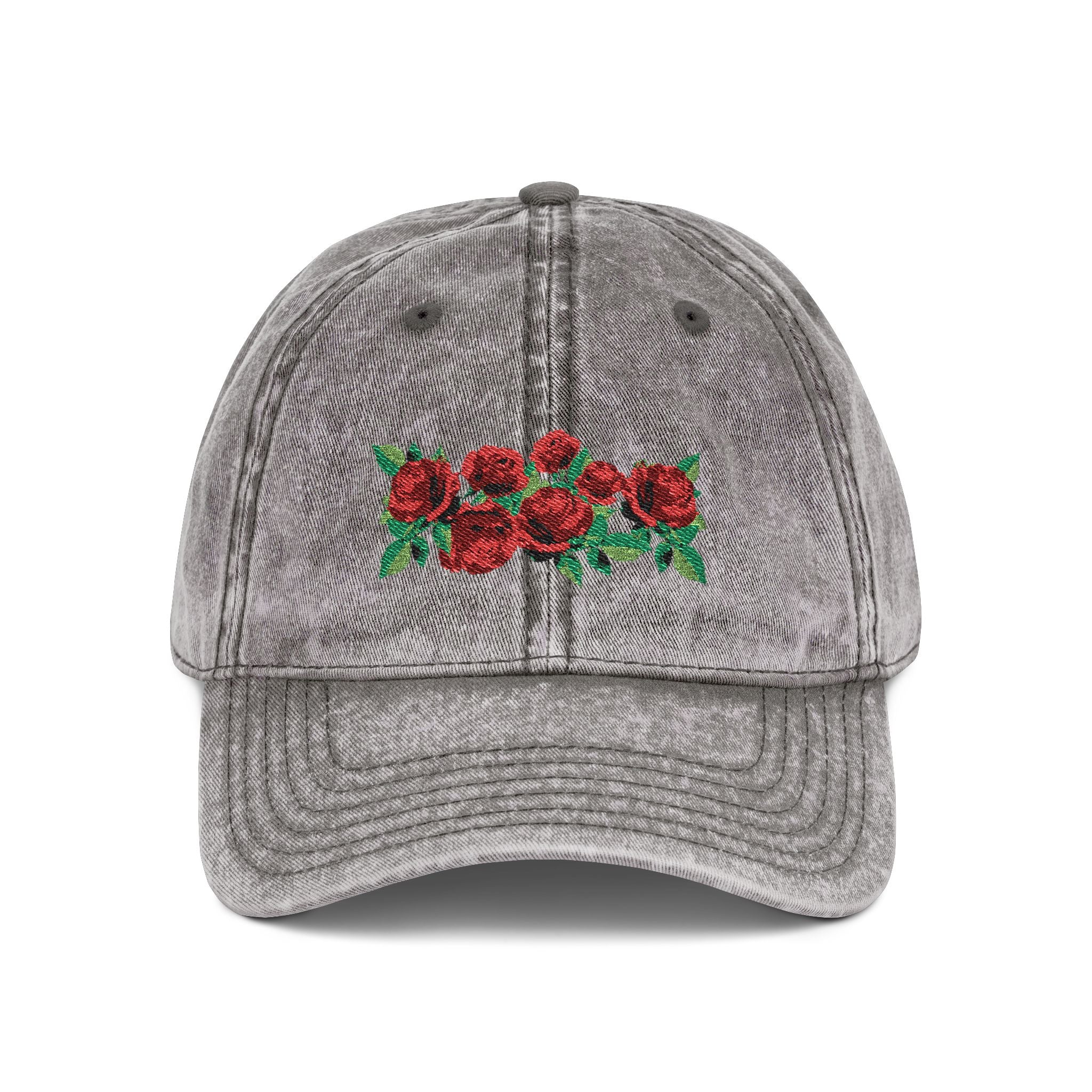 Vintage Embroidered Rose Cap — Washed Grey Floral Baseball Hat