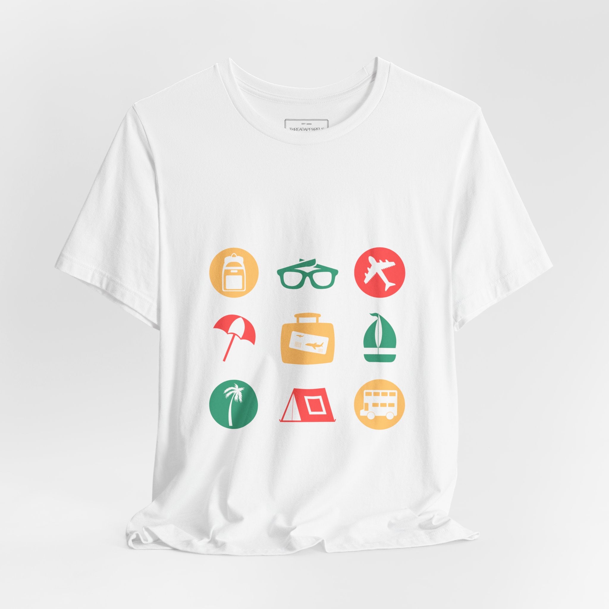 Vacation Icons T‑Shirt — Summer Travel Tee with Sunglasses, Beach & Camp Graphics