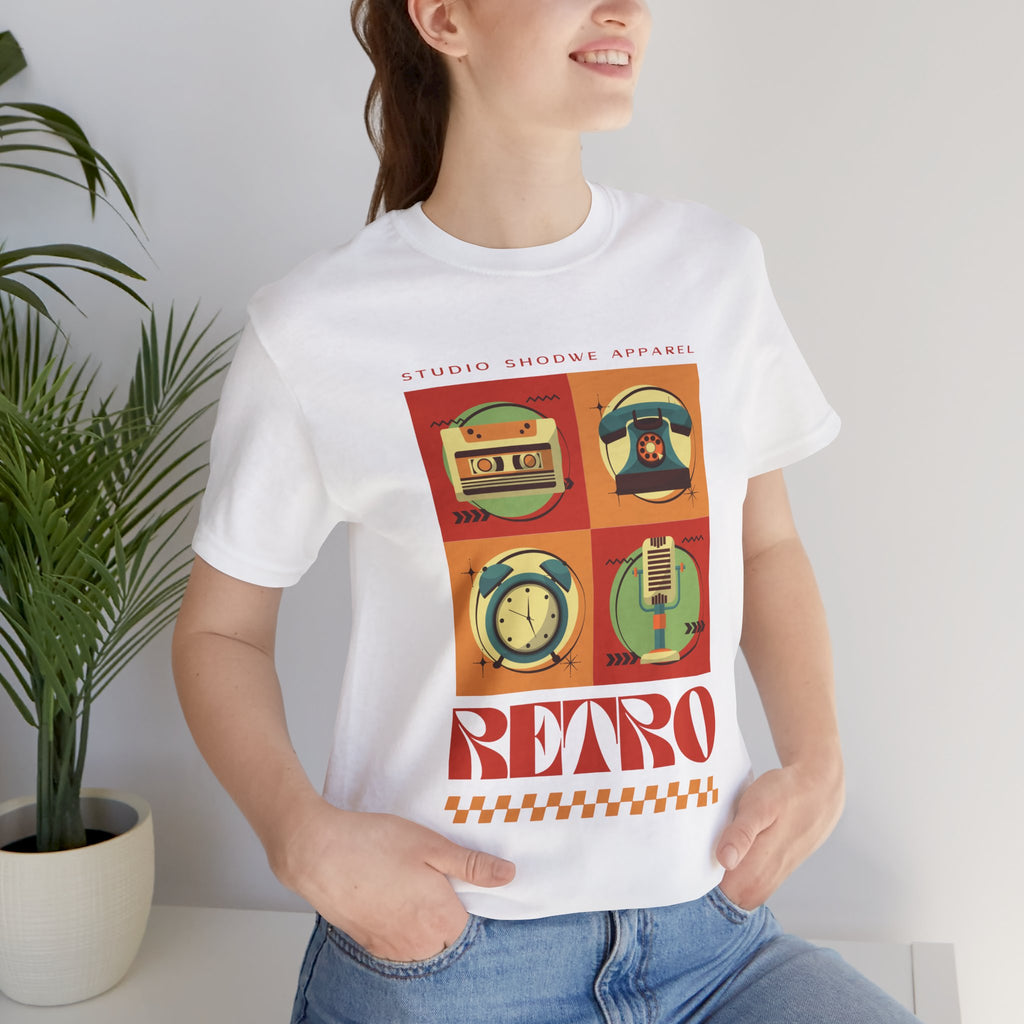 Retro Icons T-Shirt — Vintage Radio, Cassette & Alarm Clock Graphic Tee