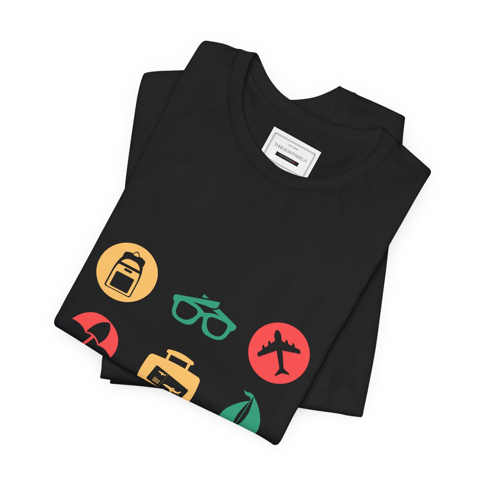 Vacation Icons T‑Shirt — Summer Travel Tee with Sunglasses, Beach & Camp Graphics