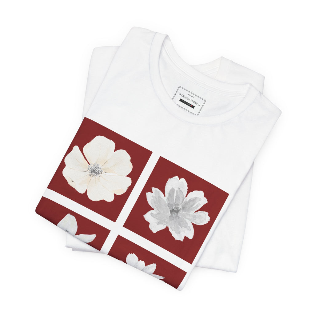 White Flowers Graphic Tee — Floral Square Print T-Shirt