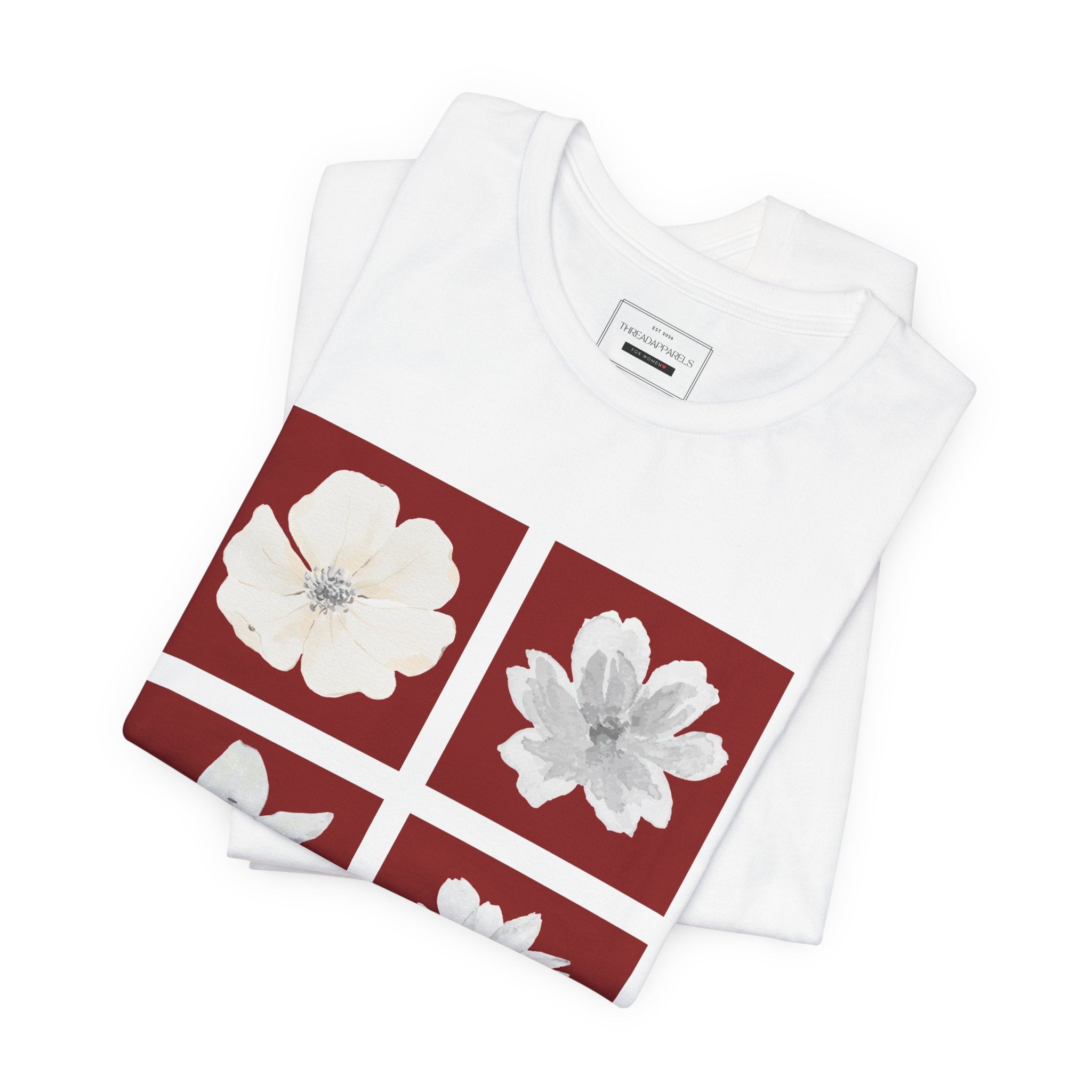 White Flowers Graphic Tee — Floral Square Print T-Shirt