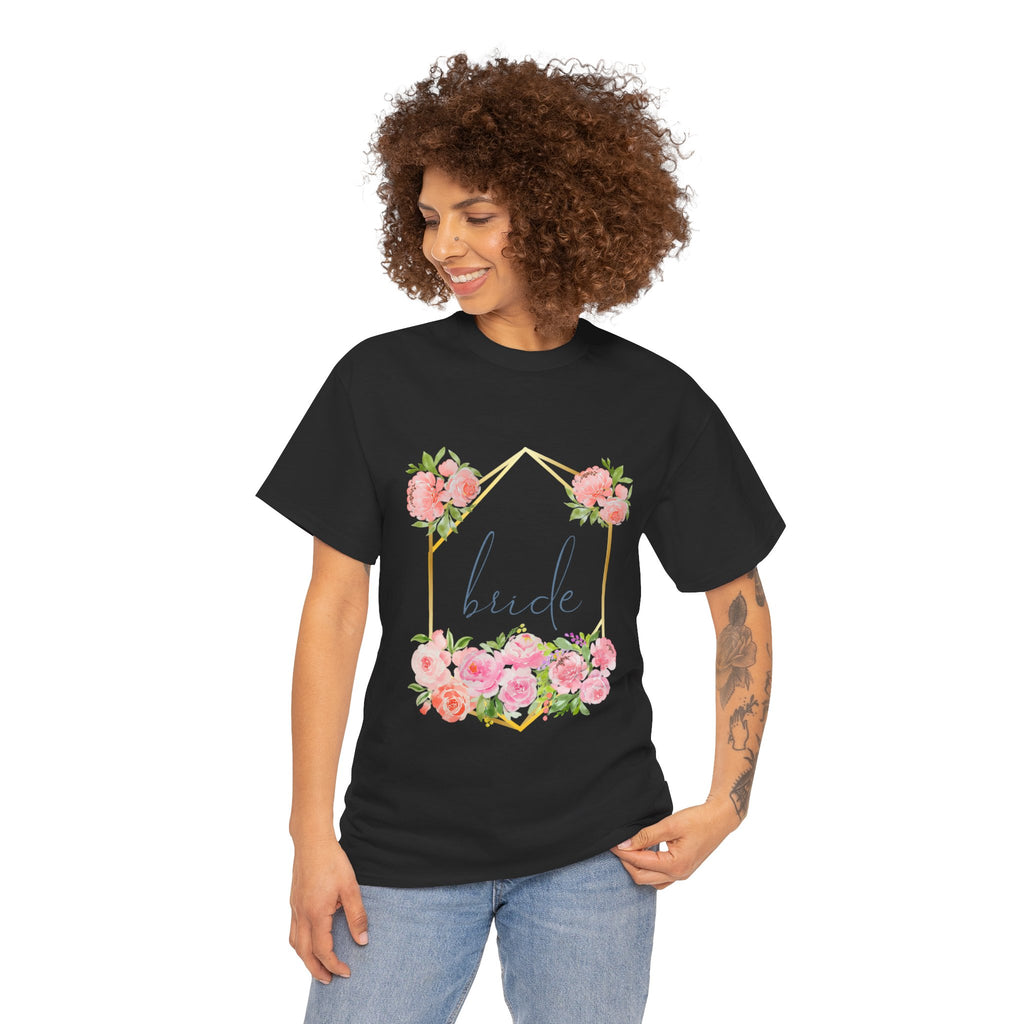 Bride Floral Tee — Gold Frame & Pink Rose Bachelorette Shirt