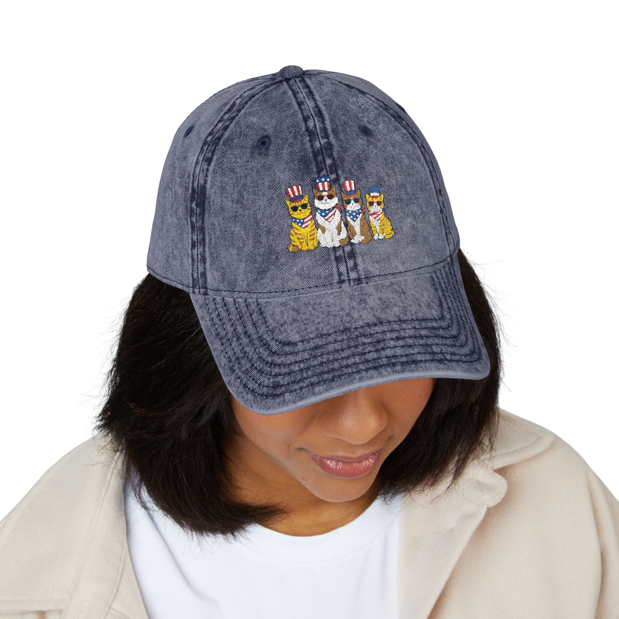 Vintage Embroidered Cap — Patriotic Cartoon Cats