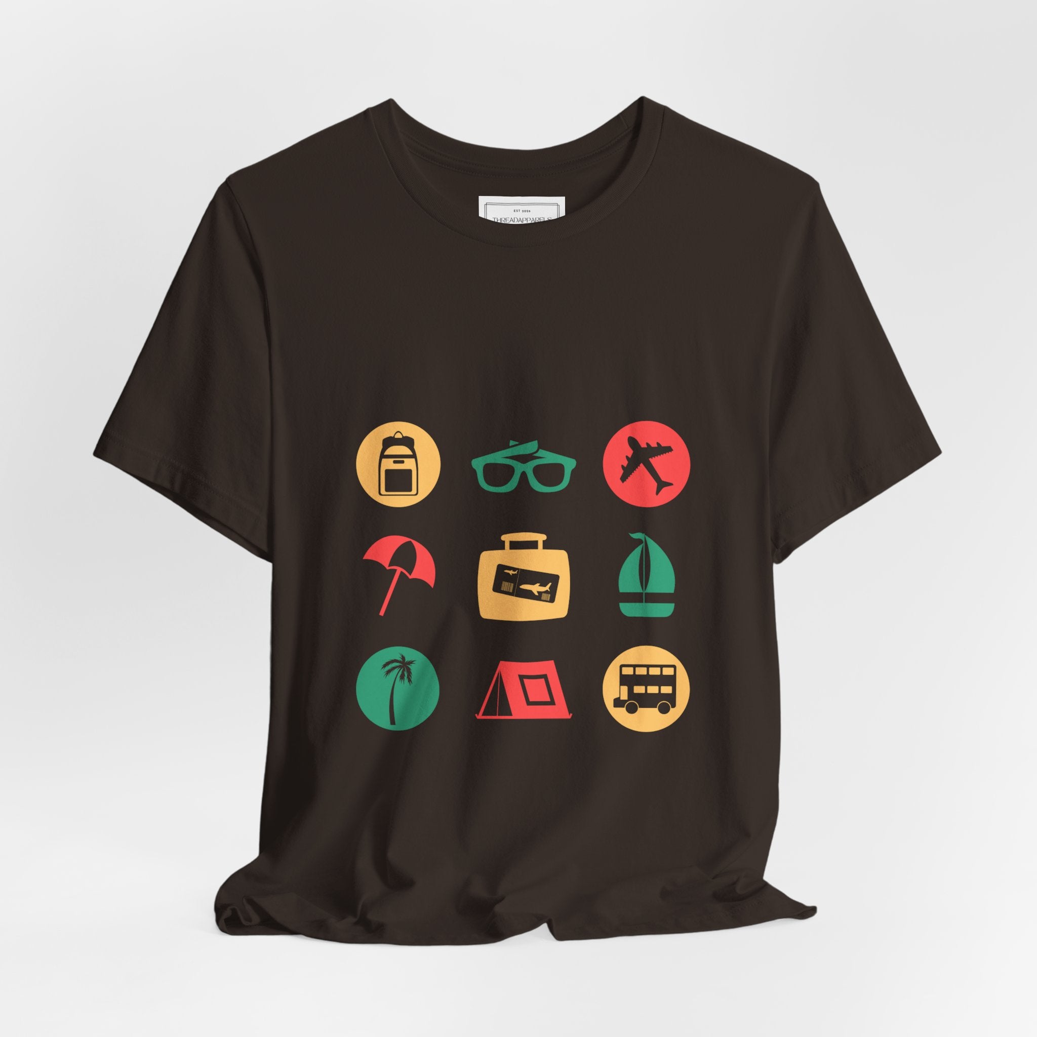 Vacation Icons T‑Shirt — Summer Travel Tee with Sunglasses, Beach & Camp Graphics
