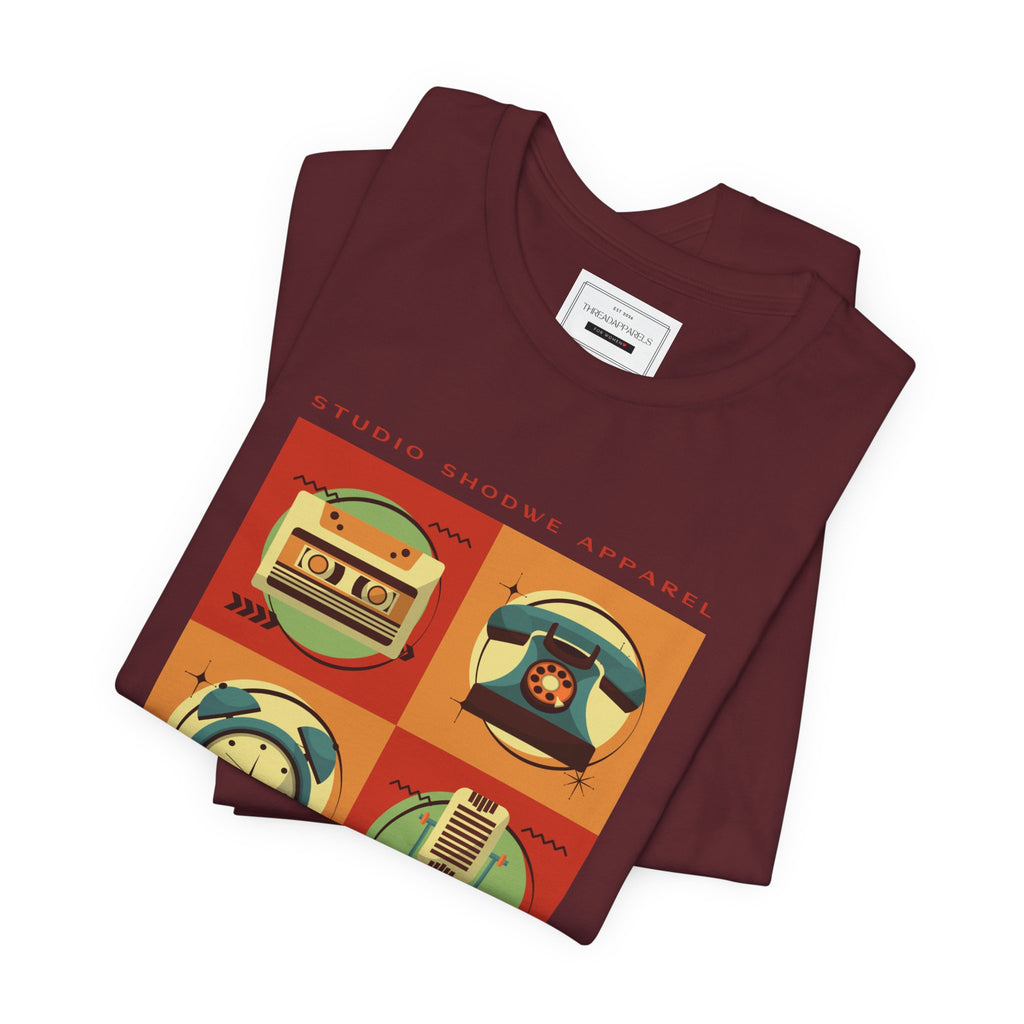 Retro Icons T-Shirt — Vintage Radio, Cassette & Alarm Clock Graphic Tee