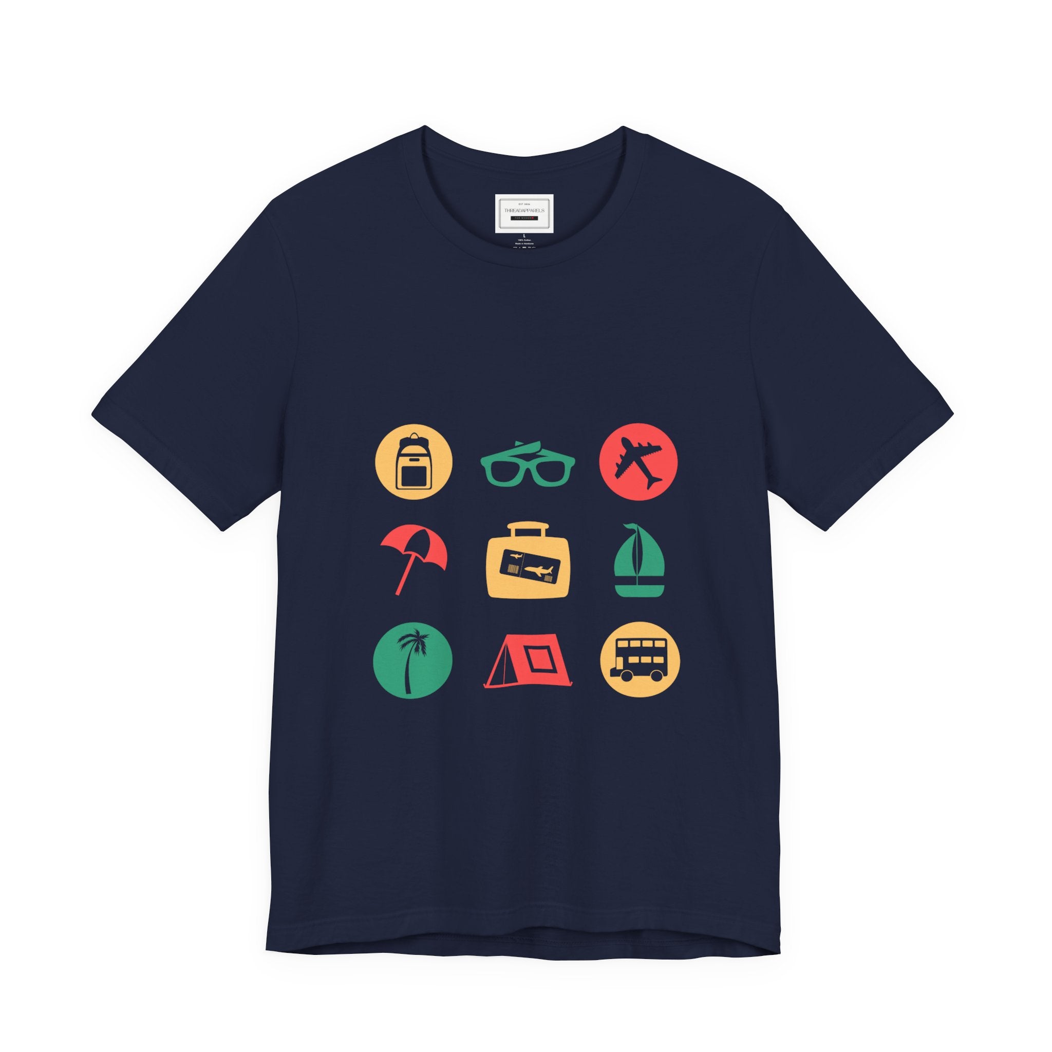 Vacation Icons T‑Shirt — Summer Travel Tee with Sunglasses, Beach & Camp Graphics