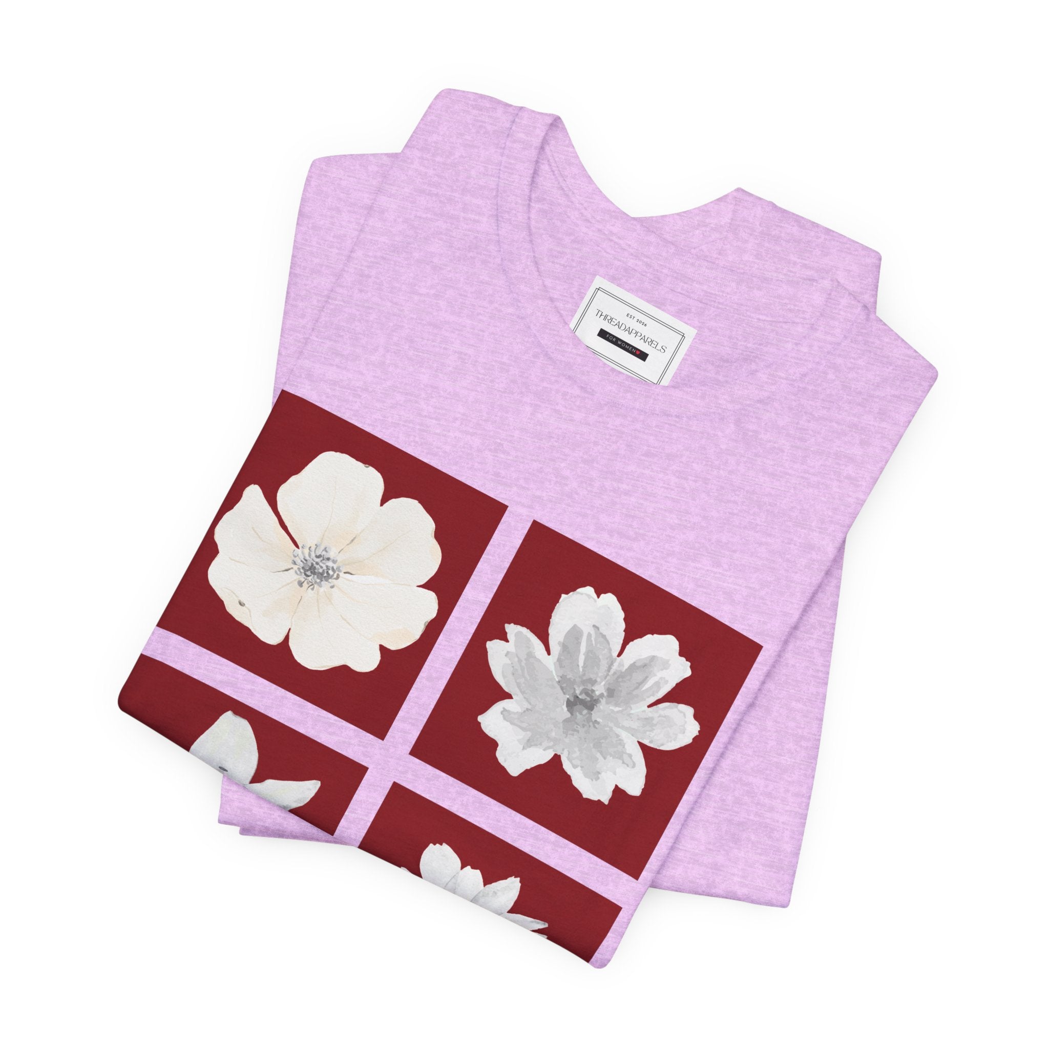 White Flowers Graphic Tee — Floral Square Print T-Shirt