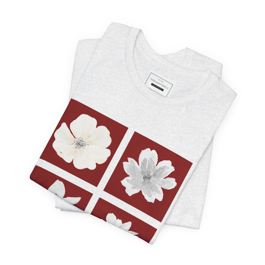 White Flowers Graphic Tee — Floral Square Print T-Shirt