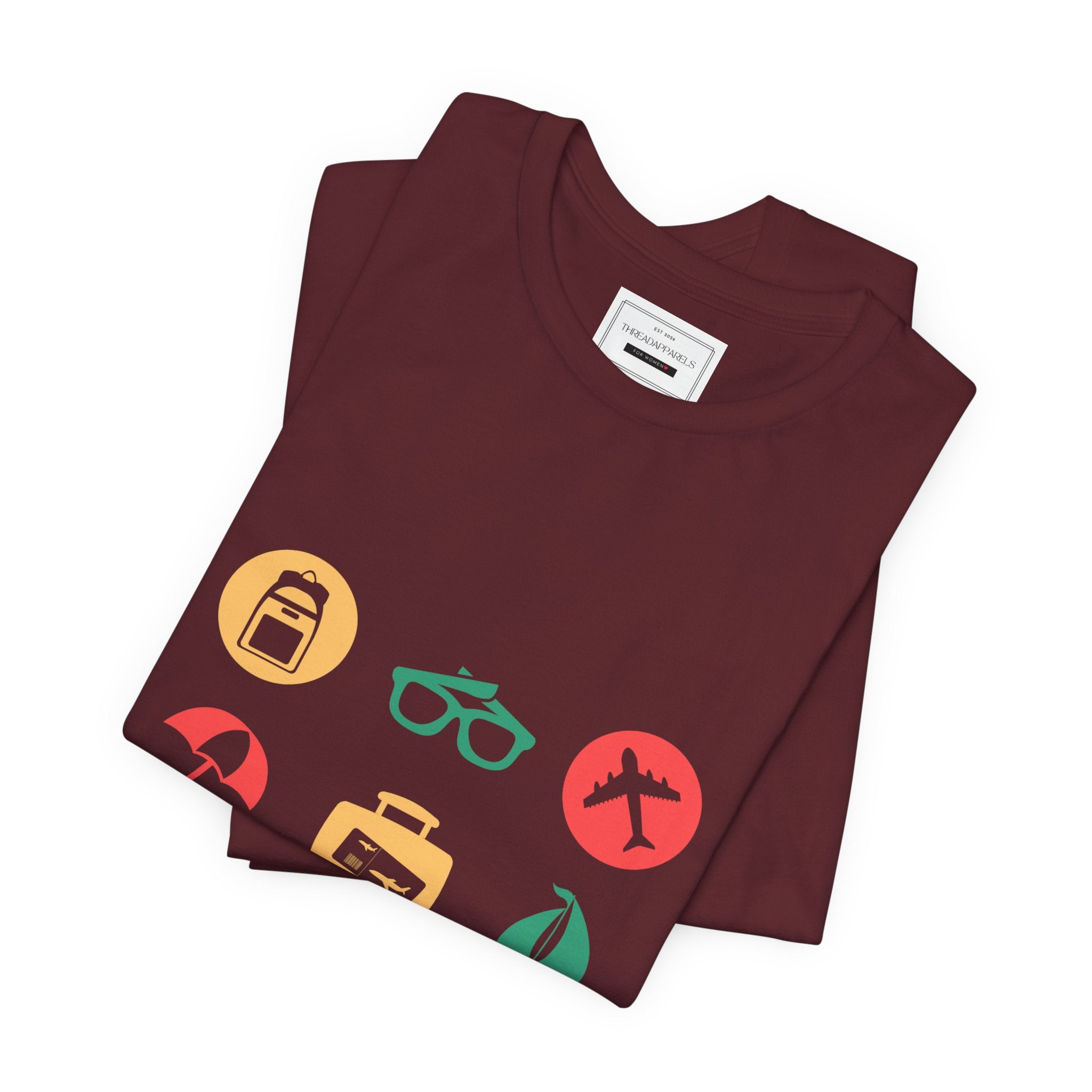 Vacation Icons T‑Shirt — Summer Travel Tee with Sunglasses, Beach & Camp Graphics