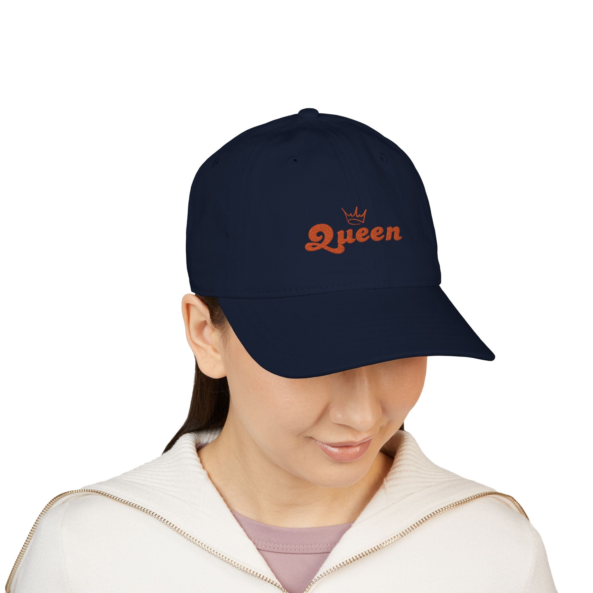 Queen Embroidered Baseball Cap — Floral Script Crown Organic Hat