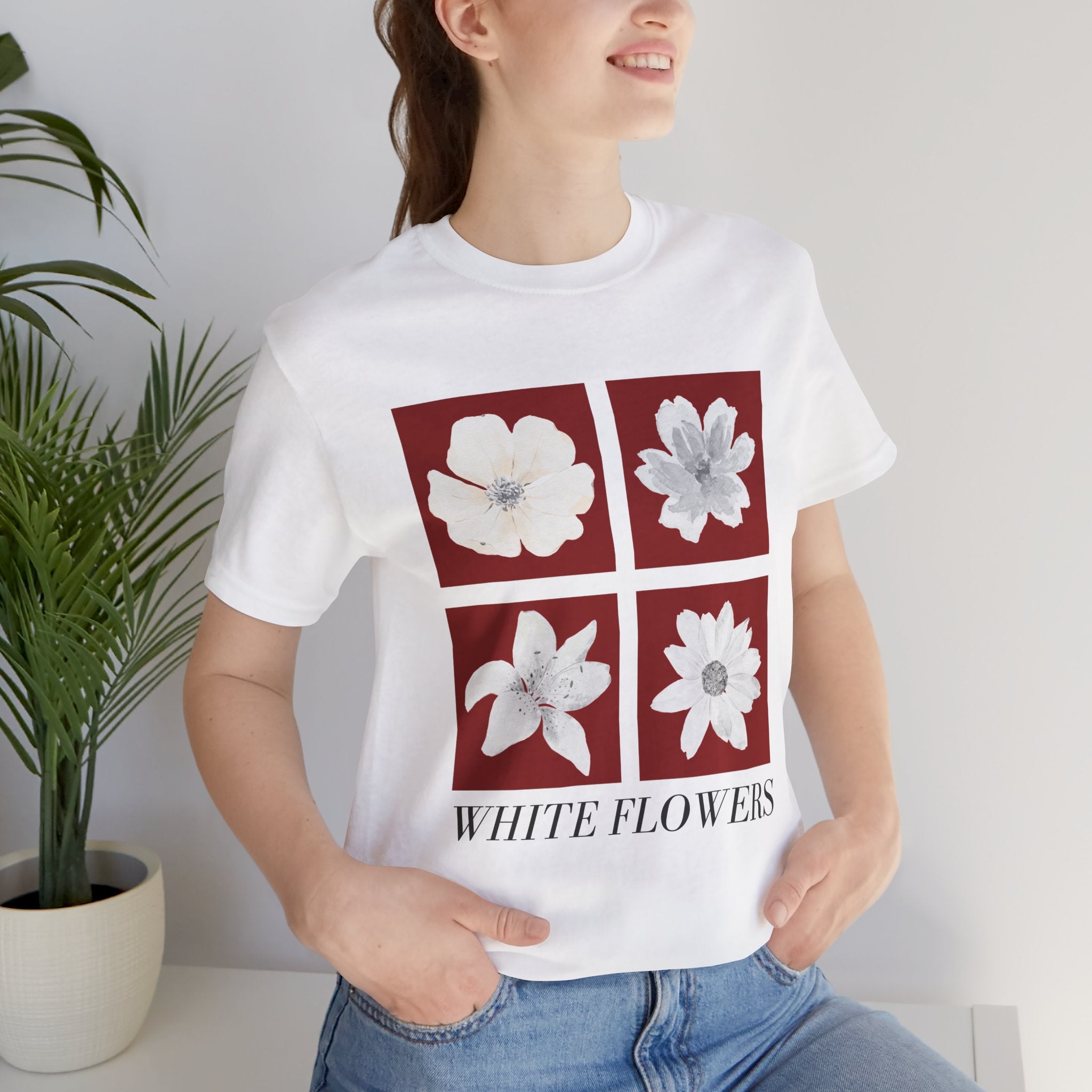 White Flowers Graphic Tee — Floral Square Print T-Shirt